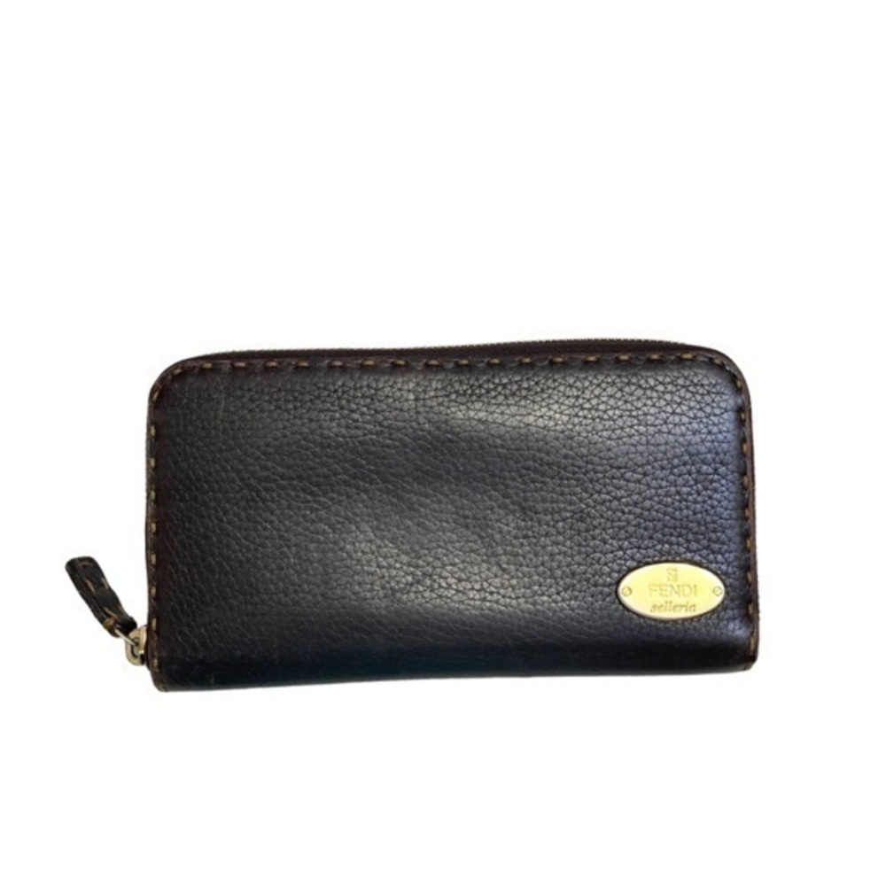 Fendi brown leather zipper clutch wallet